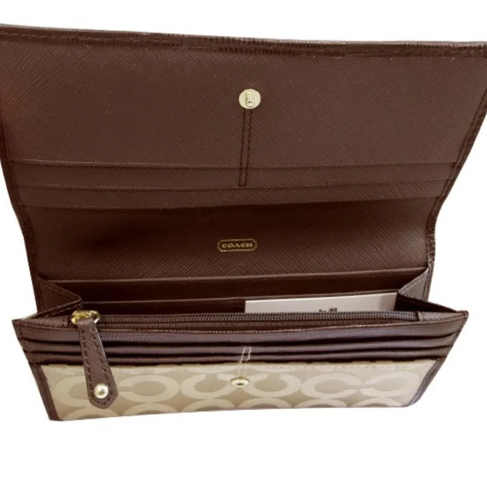 Coach Madison Op Art Clutch Wallet Beige Sateen & Leather Mahogany Khaki…
